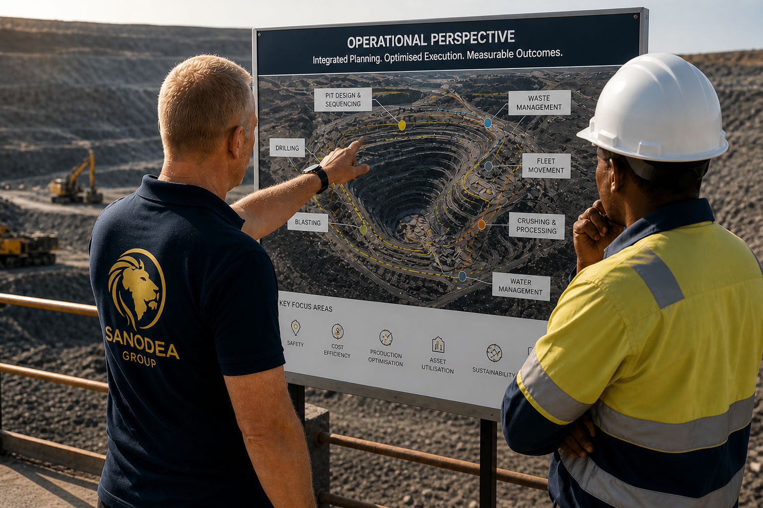 Jean Marais reviewing an operational perspective board at a mining site